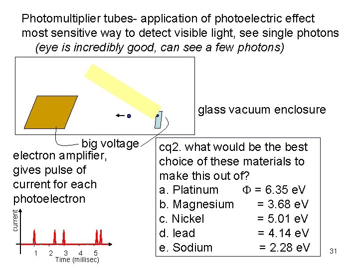 Photomultiplier tubes- application of photoelectric effect most sensitive way to detect visible light, see