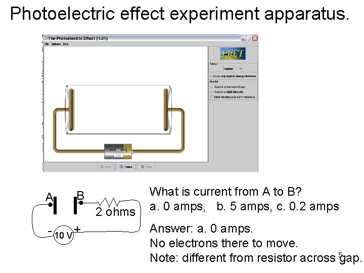 Photoelectric effect experiment apparatus. A B 2 ohms - 10 V + What is