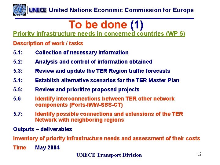 United Nations Economic Commission for Europe To be done (1) Priority infrastructure needs in
