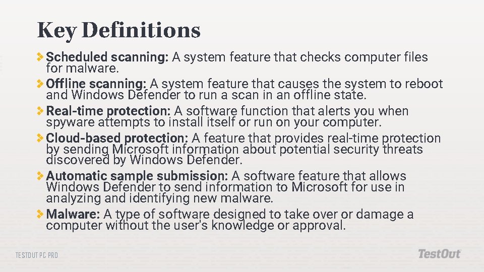 Key Definitions Scheduled scanning: A system feature that checks computer files for malware. Offline Key Definitions Scheduled scanning: A system feature that checks computer files for malware. Offline