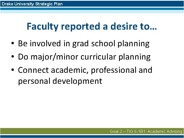 Drake University Strategic Plan Faculty reported a desire to… • Be involved in grad