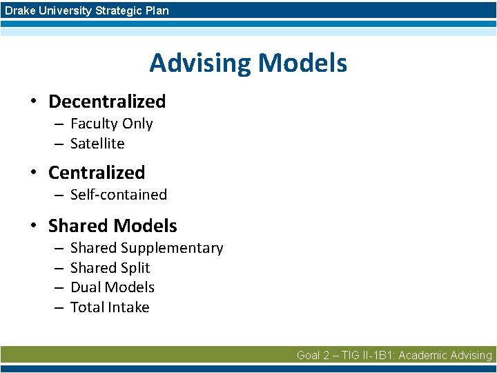 Drake University Strategic Plan Advising Models • Decentralized – Faculty Only – Satellite •