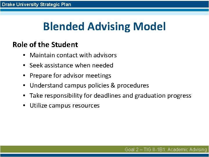 Drake University Strategic Plan Blended Advising Model Role of the Student • • •