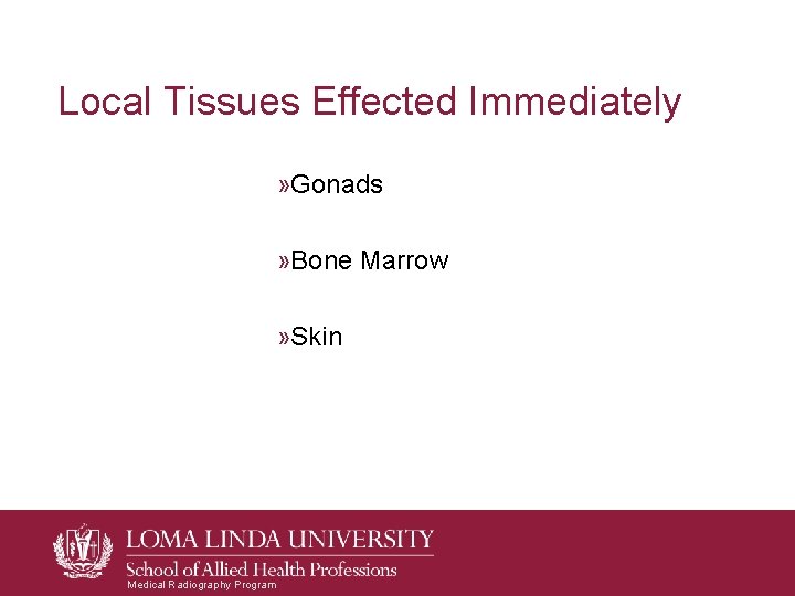 Local Tissues Effected Immediately » Gonads » Bone Marrow » Skin Medical Radiography Program Local Tissues Effected Immediately » Gonads » Bone Marrow » Skin Medical Radiography Program