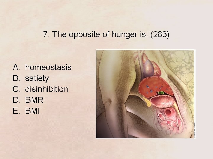 7. The opposite of hunger is: (283) A. B. C. D. E. homeostasis satiety