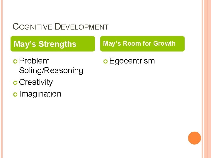 COGNITIVE DEVELOPMENT May’s Strengths May’s Room for Growth Problem Egocentrism Soling/Reasoning Creativity Imagination COGNITIVE DEVELOPMENT May’s Strengths May’s Room for Growth Problem Egocentrism Soling/Reasoning Creativity Imagination