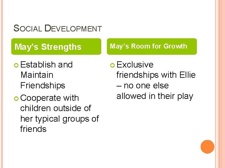 SOCIAL DEVELOPMENT May’s Strengths May’s Room for Growth Establish Exclusive and Maintain Friendships Cooperate SOCIAL DEVELOPMENT May’s Strengths May’s Room for Growth Establish Exclusive and Maintain Friendships Cooperate