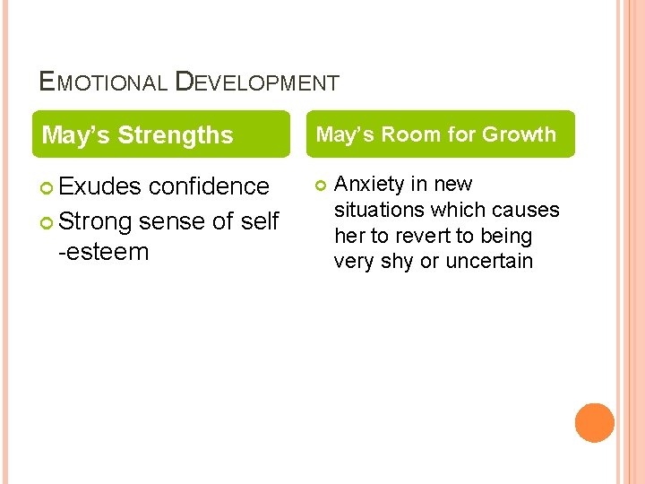 EMOTIONAL DEVELOPMENT May’s Strengths May’s Room for Growth Exudes confidence Strong sense of self EMOTIONAL DEVELOPMENT May’s Strengths May’s Room for Growth Exudes confidence Strong sense of self
