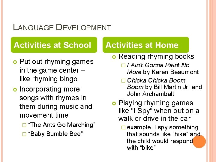 LANGUAGE DEVELOPMENT Activities at School Put out rhyming games in the game center – LANGUAGE DEVELOPMENT Activities at School Put out rhyming games in the game center –
