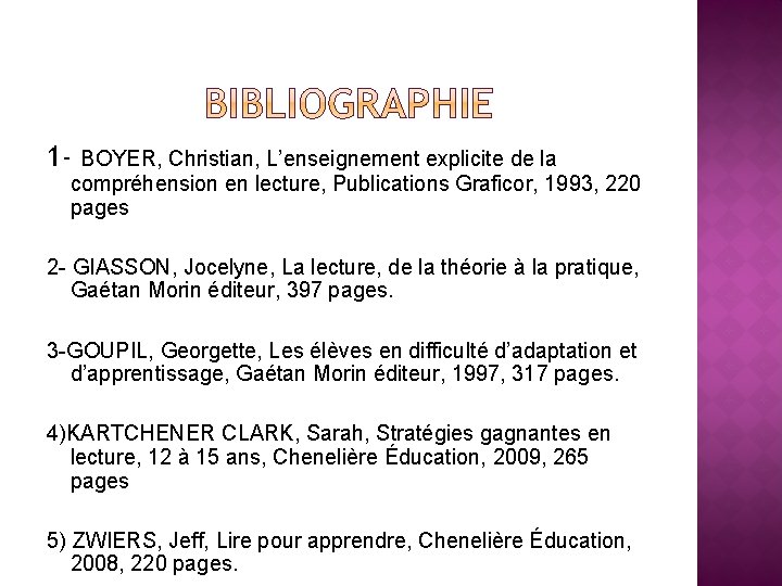 1 - BOYER, Christian, L’enseignement explicite de la compréhension en lecture, Publications Graficor, 1993,
