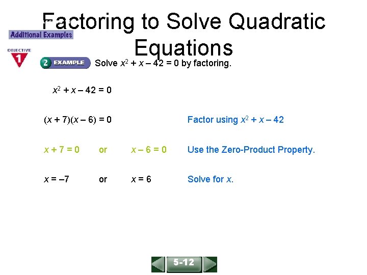 Factoring to Solve Quadratic Equations Solve x + x – 42 = 0 by