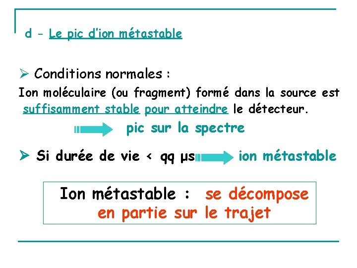d - Le pic d’ion métastable Conditions normales : Ion moléculaire (ou fragment) formé