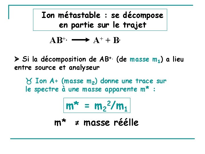 Ion métastable : se décompose en partie sur le trajet AB+. A+ + B.