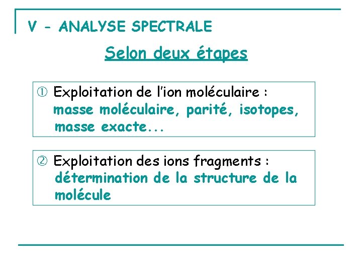 V - ANALYSE SPECTRALE Selon deux étapes Exploitation de l’ion moléculaire : masse moléculaire,