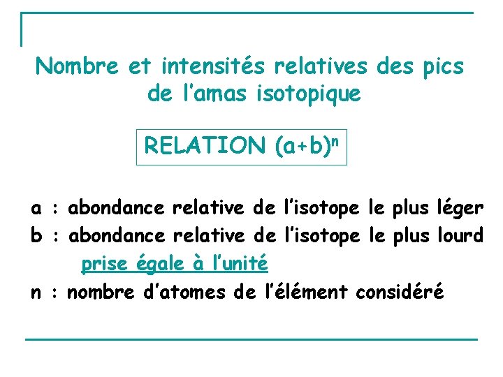 Nombre et intensités relatives des pics de l’amas isotopique RELATION (a+b)n a : abondance