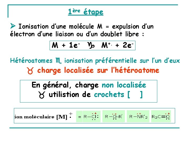 1ère étape Ionisation d’une molécule M = expulsion d’un électron d’une liaison ou d’un