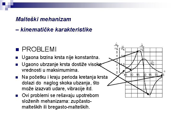 Malteški mehanizam – kinematičke karakteristike n PROBLEMI n Ugaona brzina krsta nije konstantna. Ugaono