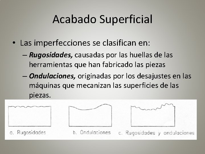 Acabado Superficial • Las imperfecciones se clasifican en: – Rugosidades, causadas por las huellas