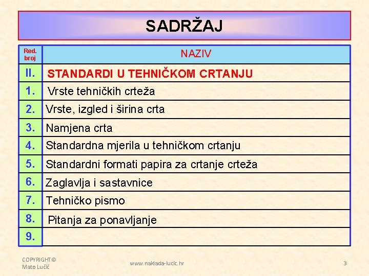 SADRŽAJ Red. broj NAZIV II. STANDARDI U TEHNIČKOM CRTANJU 1. Vrste tehničkih crteža 2.