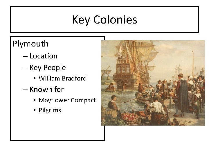 Key Colonies Plymouth – Location – Key People • William Bradford – Known for