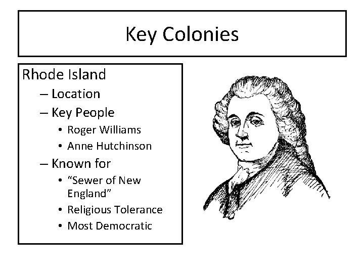 Key Colonies Rhode Island – Location – Key People • Roger Williams • Anne