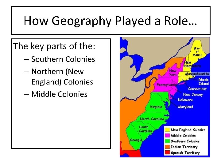 How Geography Played a Role… The key parts of the: – Southern Colonies –