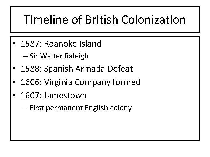 Timeline of British Colonization • 1587: Roanoke Island – Sir Walter Raleigh • 1588: