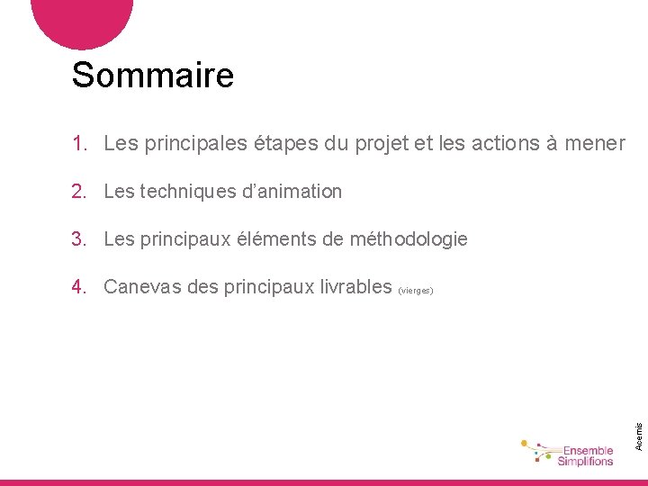 Sommaire 1. Les principales étapes du projet et les actions à mener 2. Les