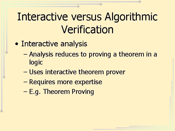 Interactive versus Algorithmic Verification • Interactive analysis – Analysis reduces to proving a theorem