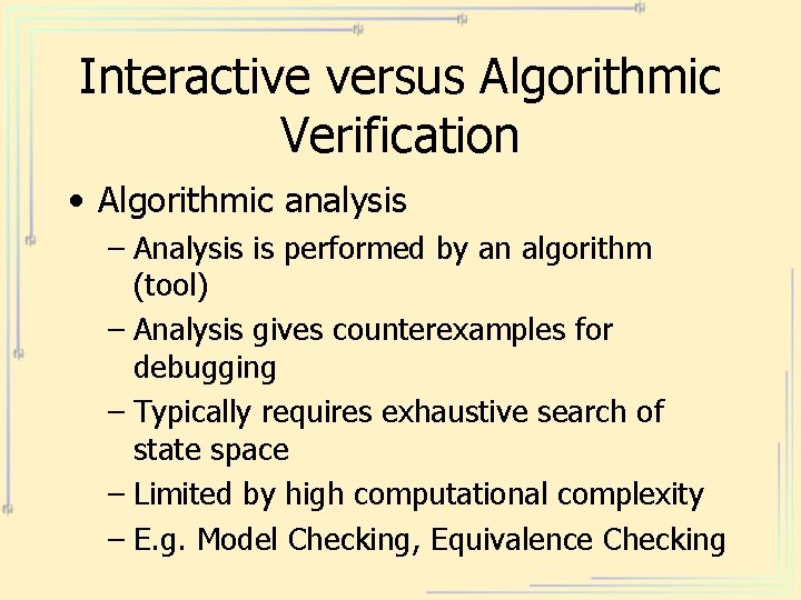 Interactive versus Algorithmic Verification • Algorithmic analysis – Analysis is performed by an algorithm