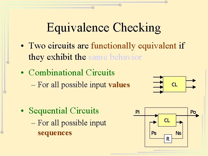 Equivalence Checking • Two circuits are functionally equivalent if they exhibit the same behavior