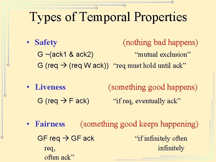 Types of Temporal Properties • Safety (nothing bad happens) G ~(ack 1 & ack