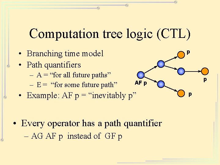 Computation tree logic (CTL) p • Branching time model • Path quantifiers – A