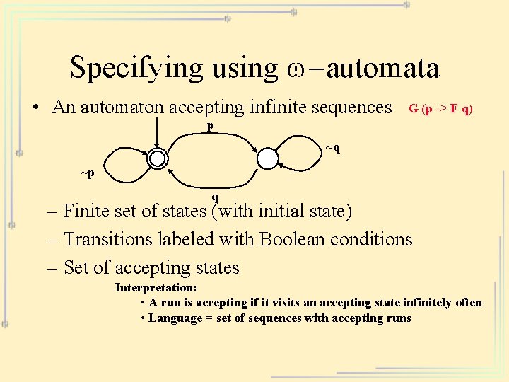 Specifying using w-automata • An automaton accepting infinite sequences G (p -> F q)