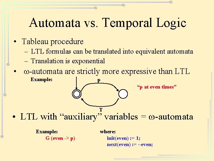 Automata vs. Temporal Logic • Tableau procedure – LTL formulas can be translated into