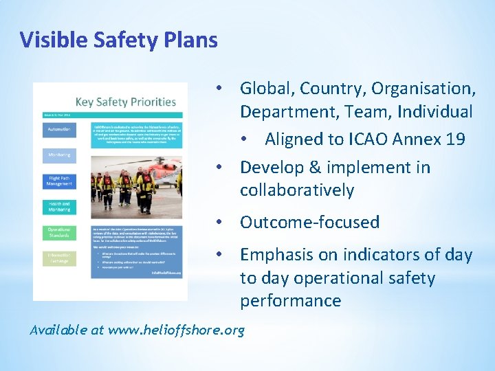 Visible Safety Plans • Global, Country, Organisation, Department, Team, Individual • Aligned to ICAO