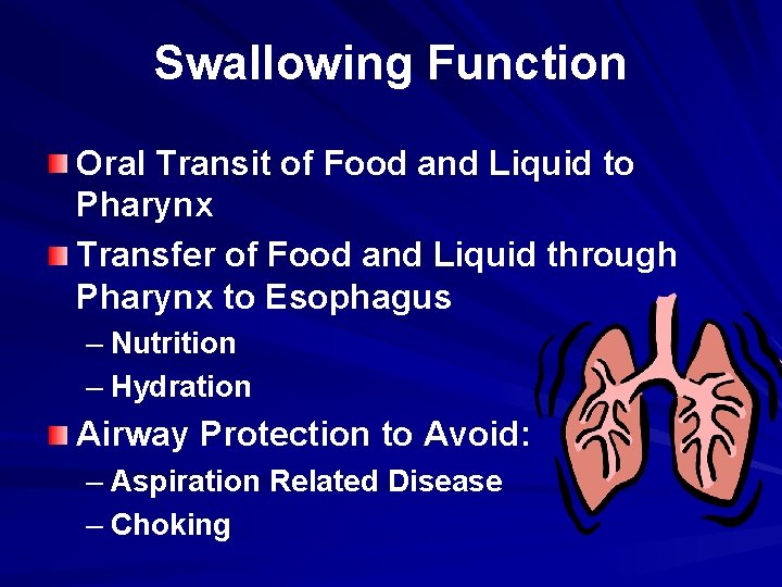 Swallowing Function Oral Transit of Food and Liquid to Pharynx Transfer of Food and