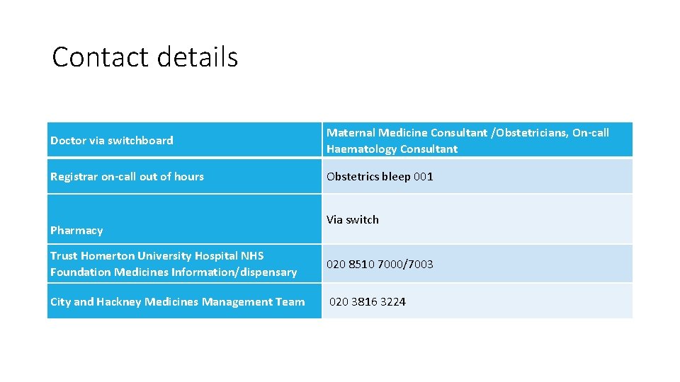Contact details Doctor via switchboard Maternal Medicine Consultant /Obstetricians, On-call Haematology Consultant Registrar on-call