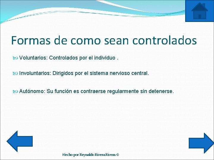 Formas de como sean controlados Voluntarios: Controlados por el individuo. Involuntarios: Dirigidos por el