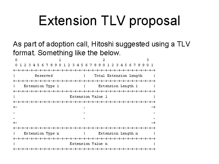 Extension TLV proposal As part of adoption call, Hitoshi suggested using a TLV format.
