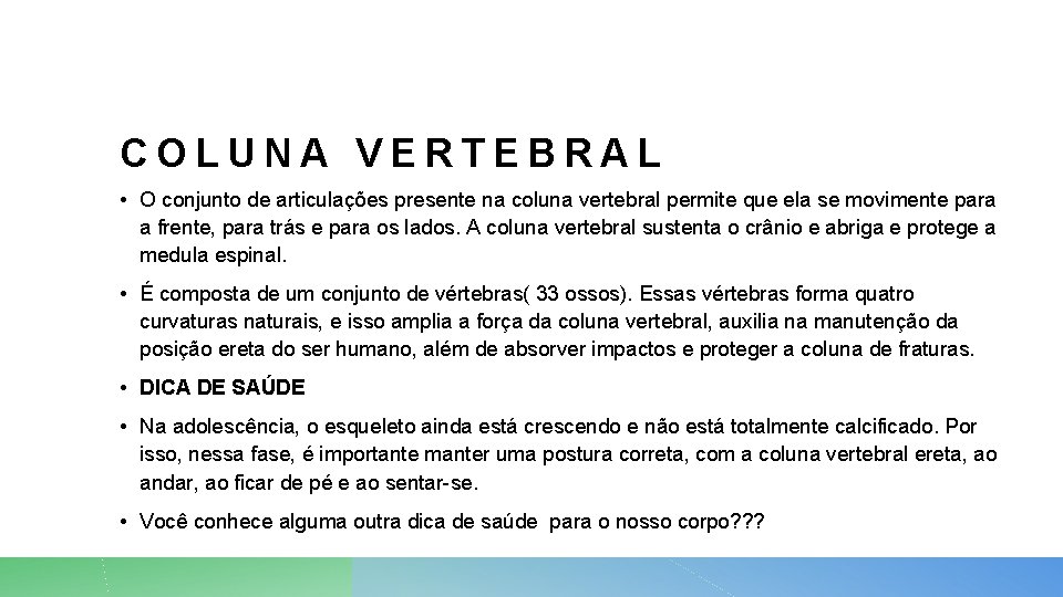 COLUNA VERTEBRAL • O conjunto de articulações presente na coluna vertebral permite que ela