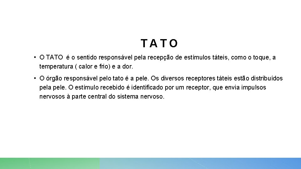 TATO • O TATO é o sentido responsável pela recepção de estímulos táteis, como