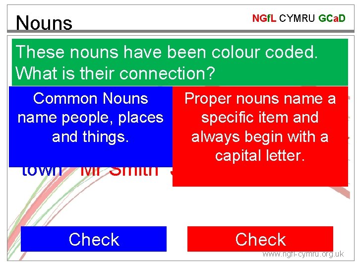 Nouns NGf. L CYMRU GCa. D These nouns have been colour coded. What is