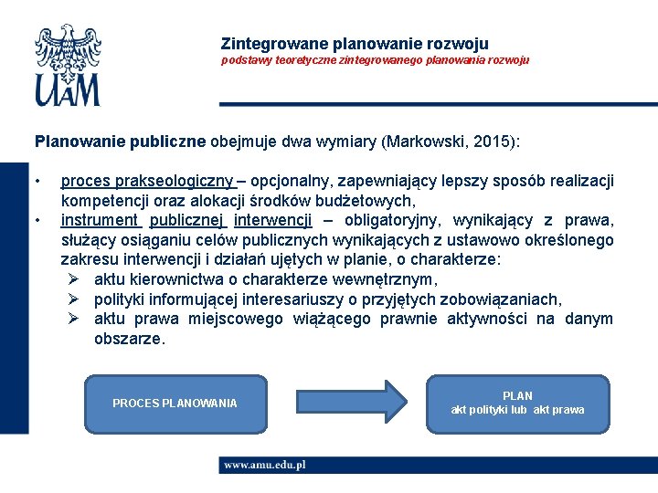 Zintegrowane planowanie rozwoju podstawy teoretyczne zintegrowanego planowania rozwoju Planowanie publiczne obejmuje dwa wymiary (Markowski,