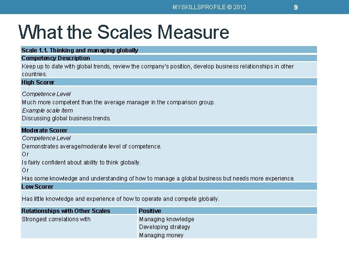MYSKILLSPROFILE © 2012 9 What the Scales Measure Scale 1. 1. Thinking and managing