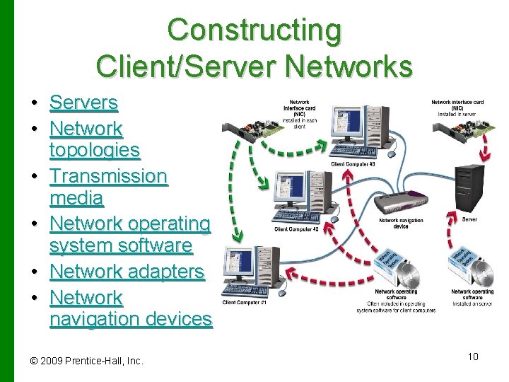 Constructing Client/Server Networks • Servers • Network topologies • Transmission media • Network operating