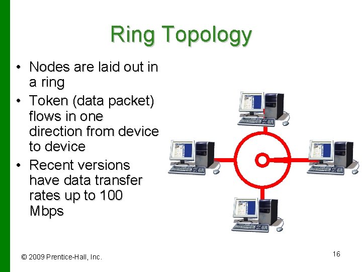 Ring Topology • Nodes are laid out in a ring • Token (data packet)