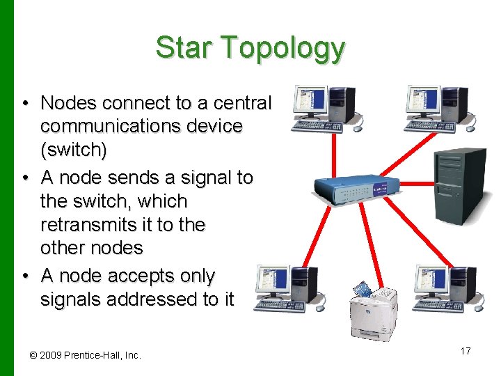 Star Topology • Nodes connect to a central communications device (switch) • A node