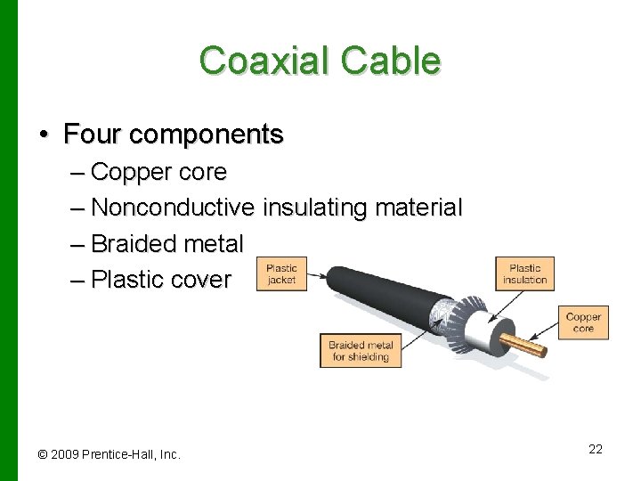 Coaxial Cable • Four components – Copper core – Nonconductive insulating material – Braided