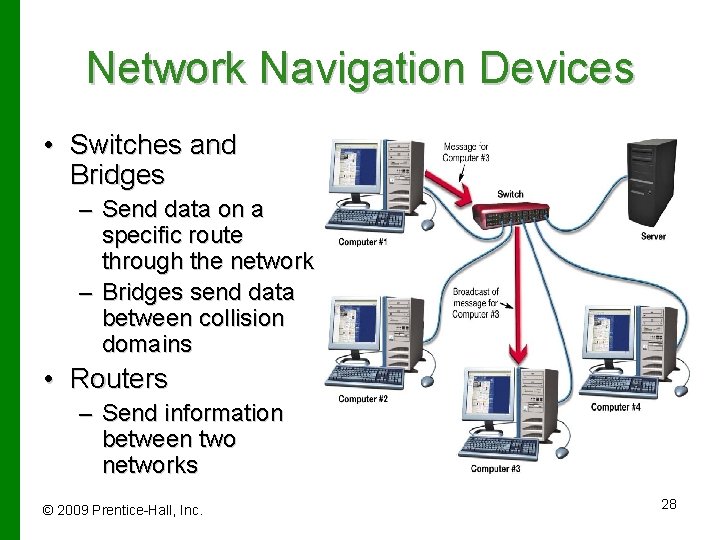 Network Navigation Devices • Switches and Bridges – Send data on a specific route